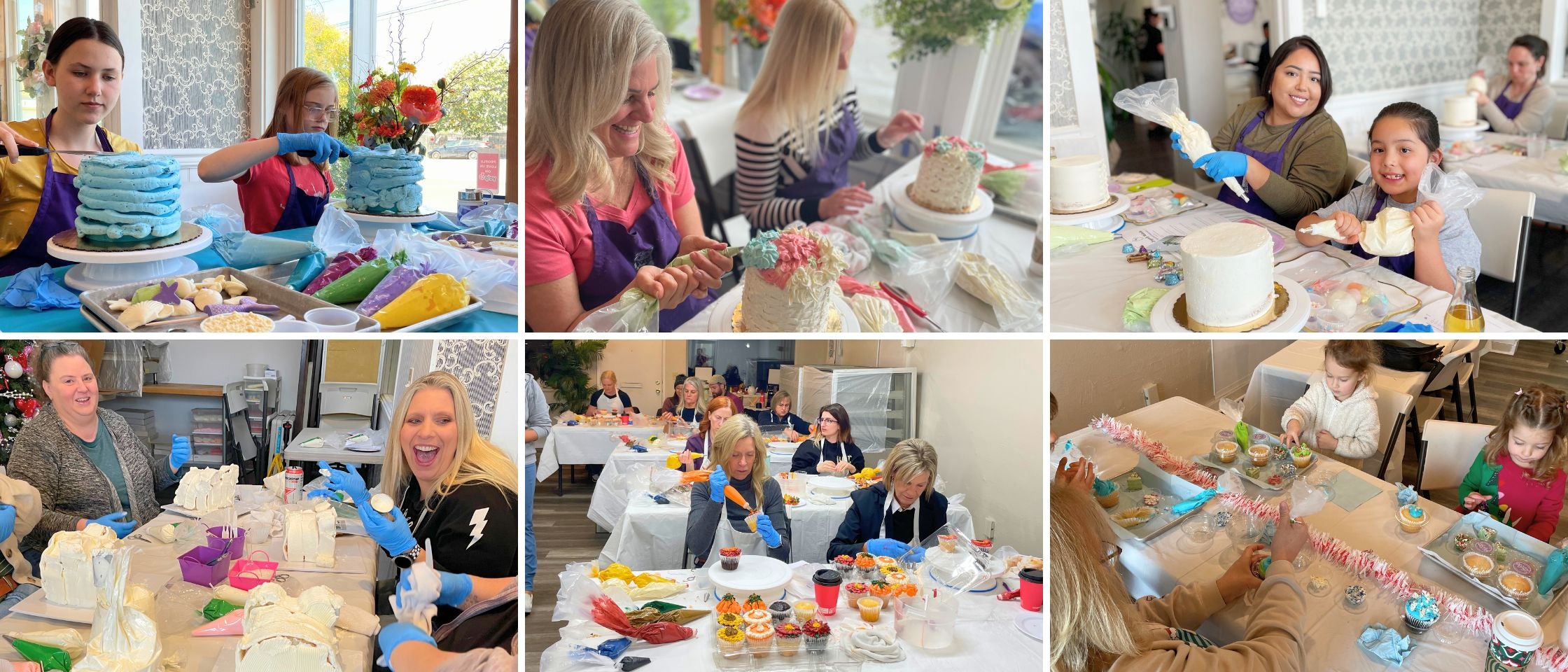 A six-panel collage showing different stages of a baking class, with people mixing ingredients and decorating cakes.