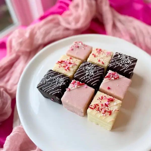 Close-up of assorted cake squares with chocolate, pink, and cream layers