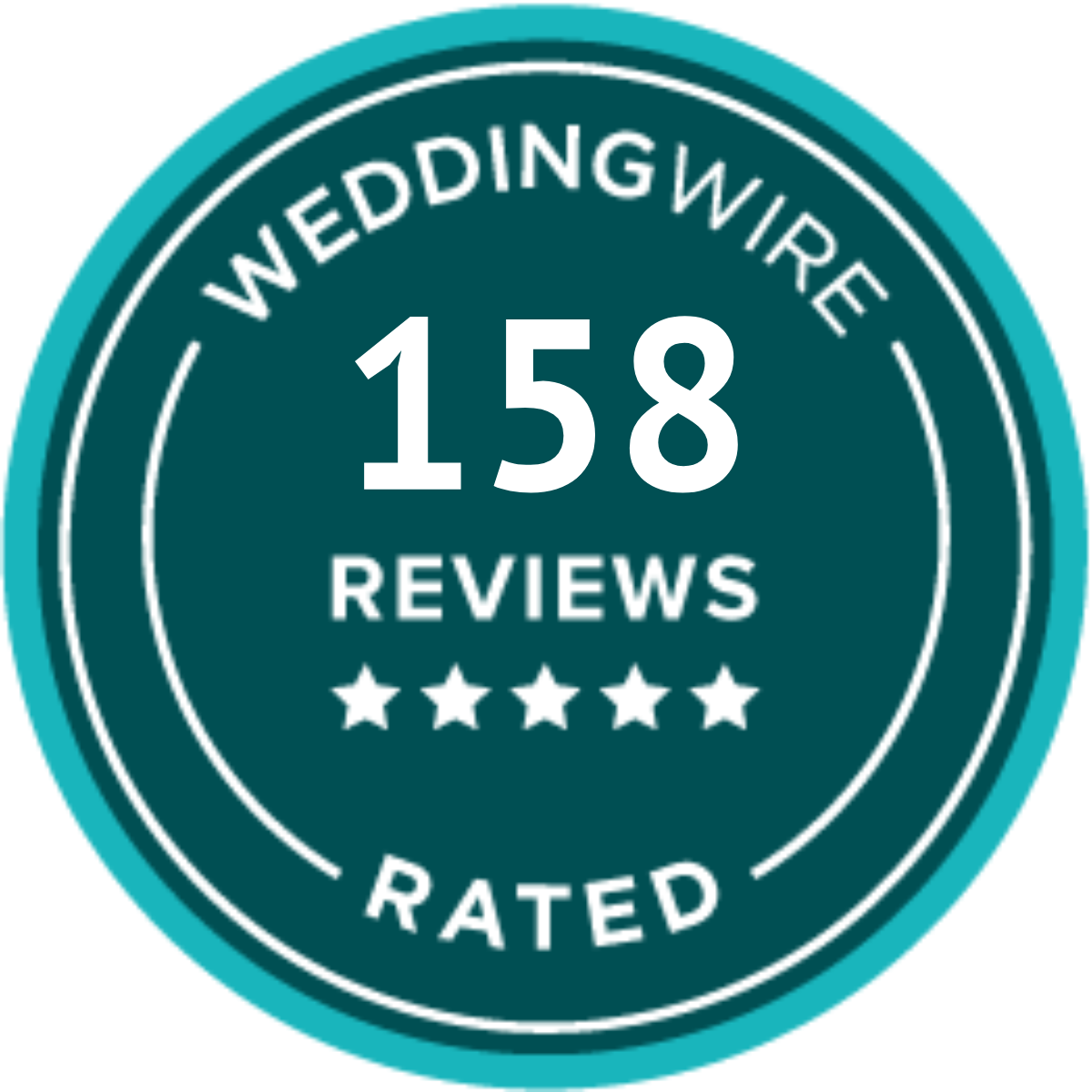 A teal and white circular badge. The text reads, "WEDDINGWIRE" and "158 REVIEWS," with a rating of five stars.
