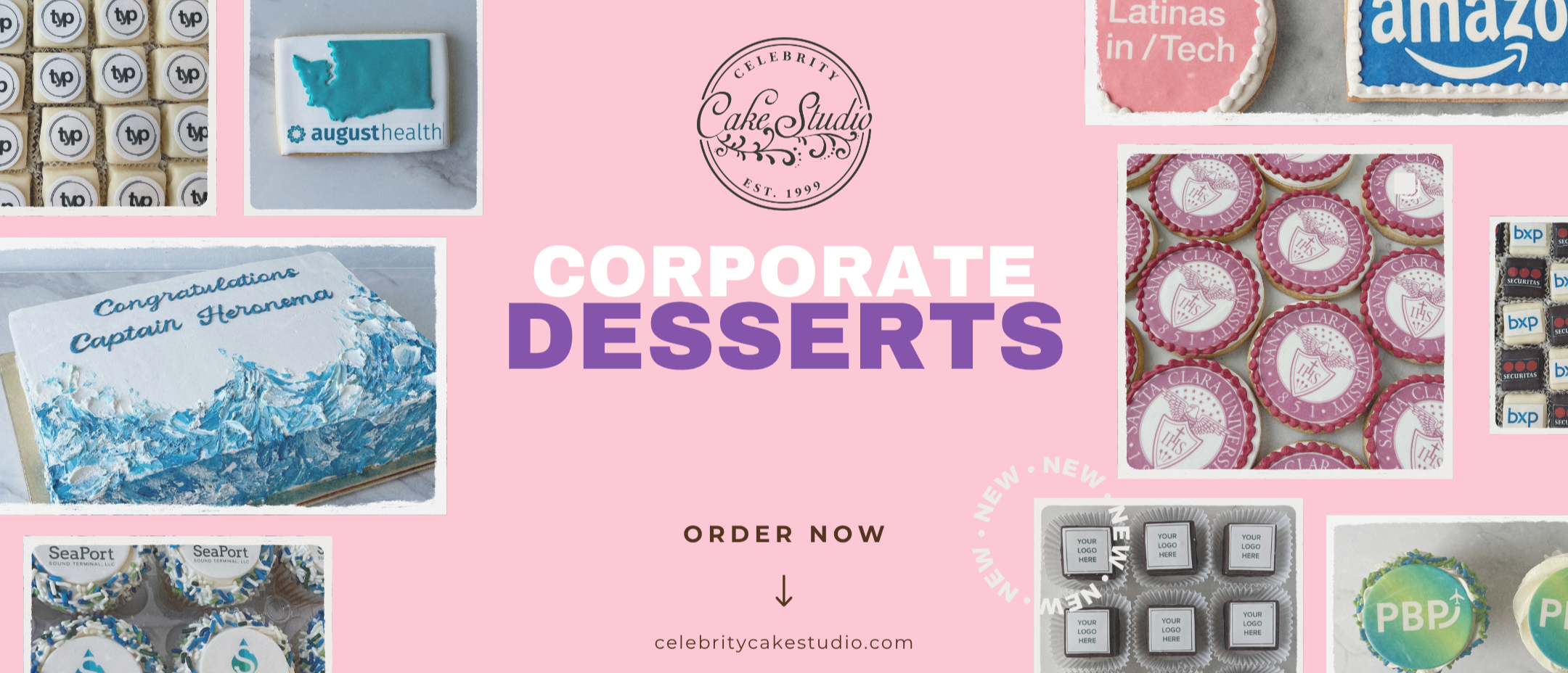 Promotional image for corporate desserts with various cake designs and branding elements on a pink background.