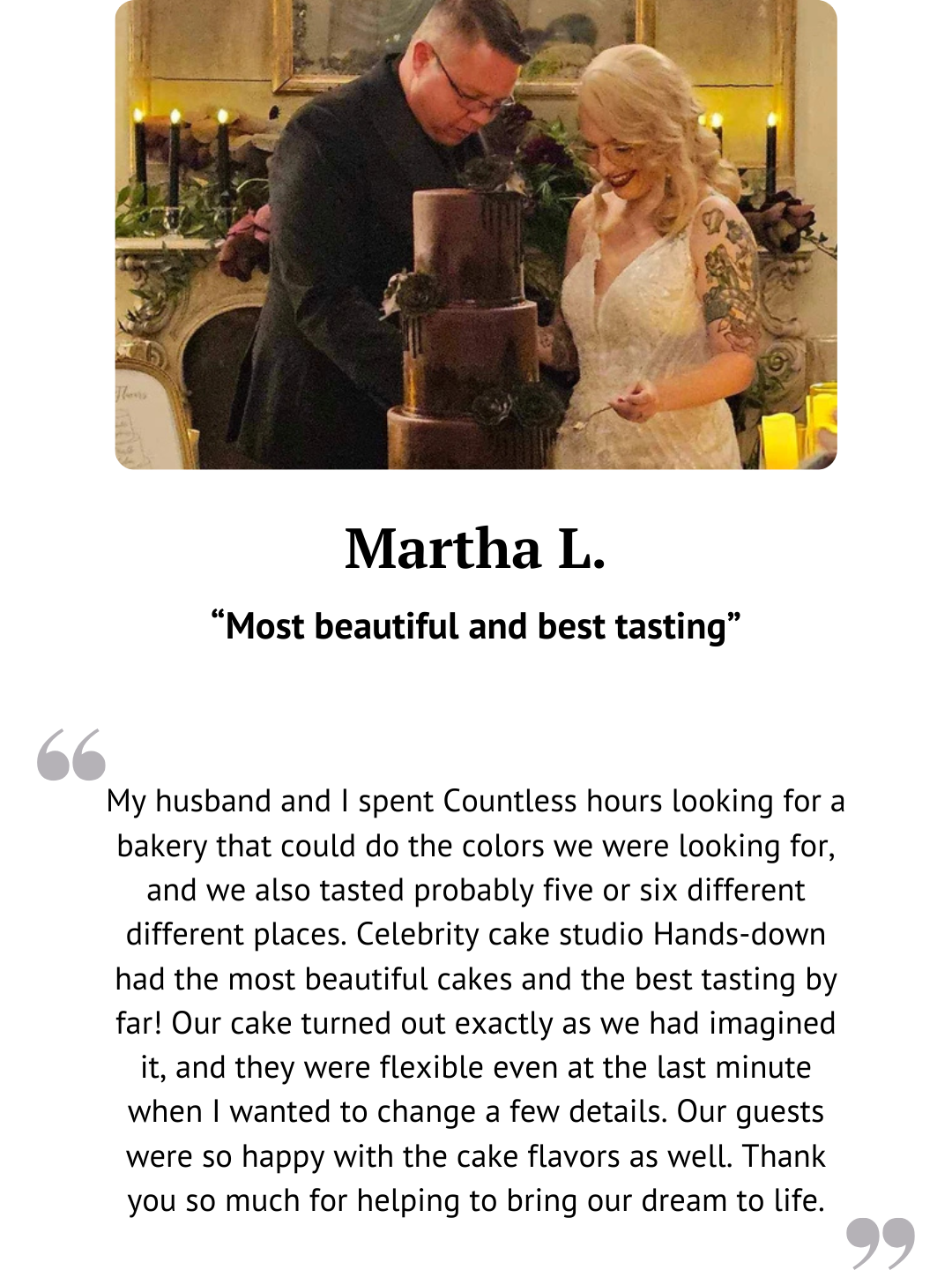 Customer review from Marissa praising the wedding cake and tasting experience.
