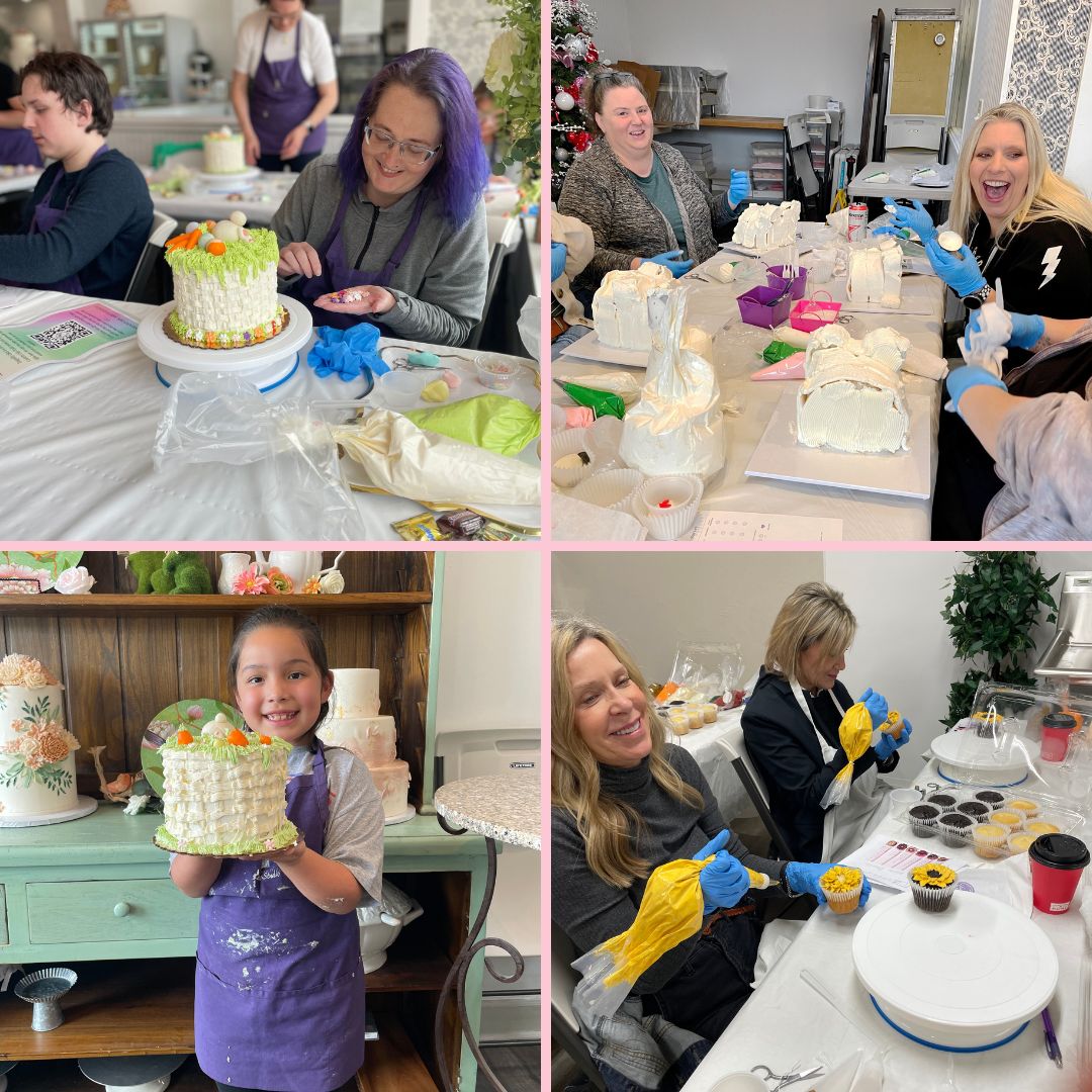 A four-panel collage showing groups of people in a baking class, decorating cakes and smiling.