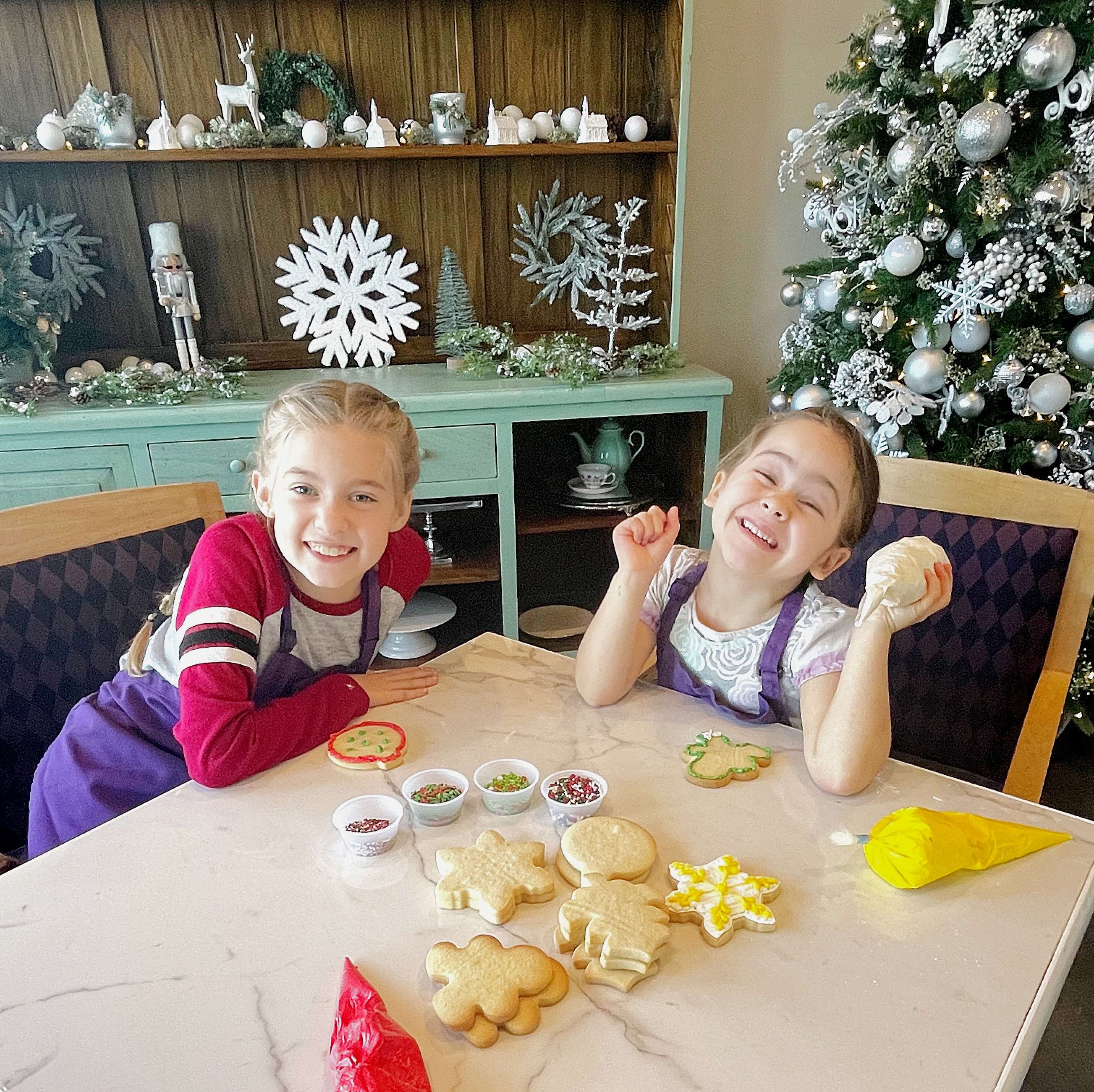 Two young girls, wearing aprons, smiling as they decorate Christmas cookies on a table. The table is covered with various snowflake- and star-shaped cookies, small containers of sprinkles, and piping bags with icing.