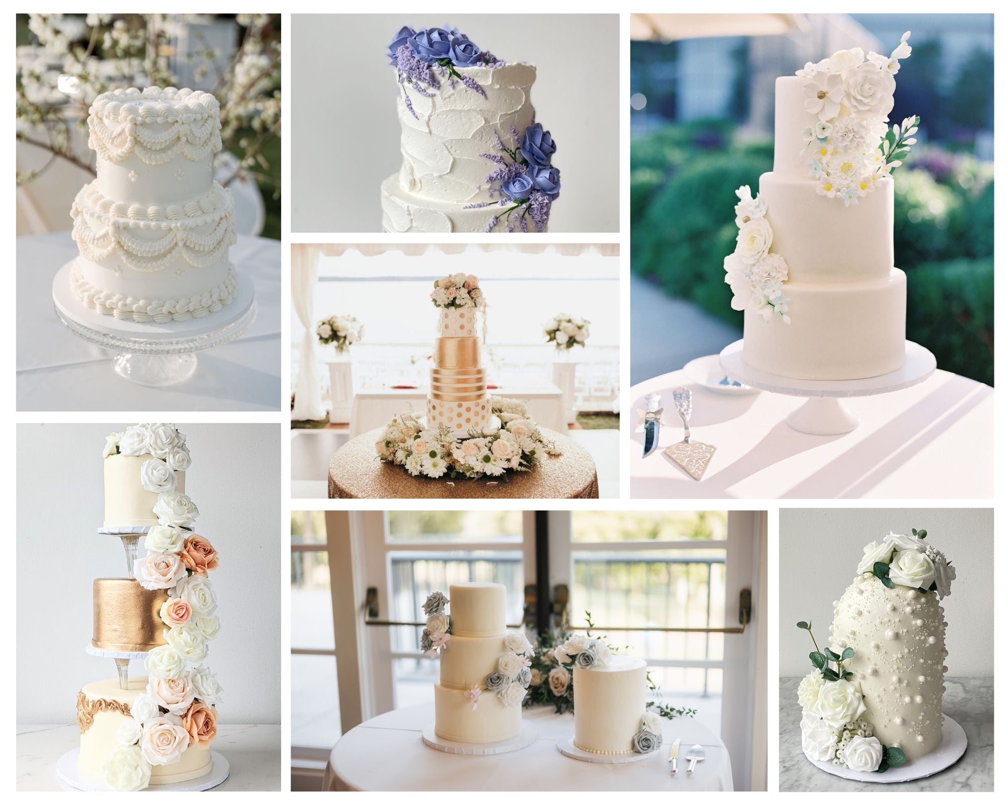 Collage of white wedding cakes in various floral and minimalist designs