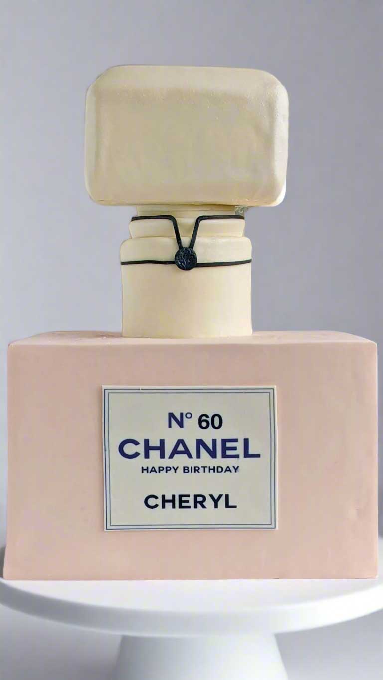 Chanel perfume bottle cake Realistic cake shaped like a classic Chanel No. 5 perfume bottle