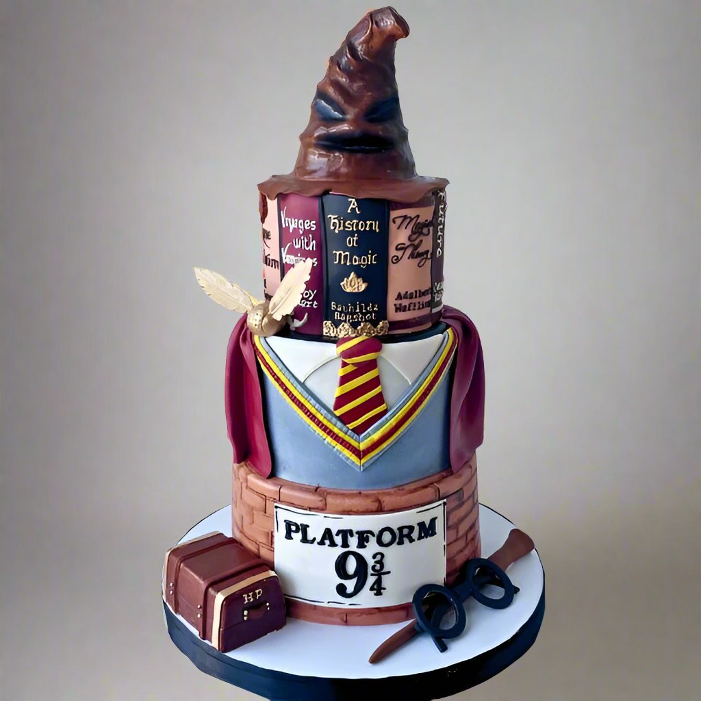 Custom Harry Potter Cake - sorting hat, snitch ball, uniform, platform 9 3/4, luggage, glasses, wand | Celebrity Cake Studio