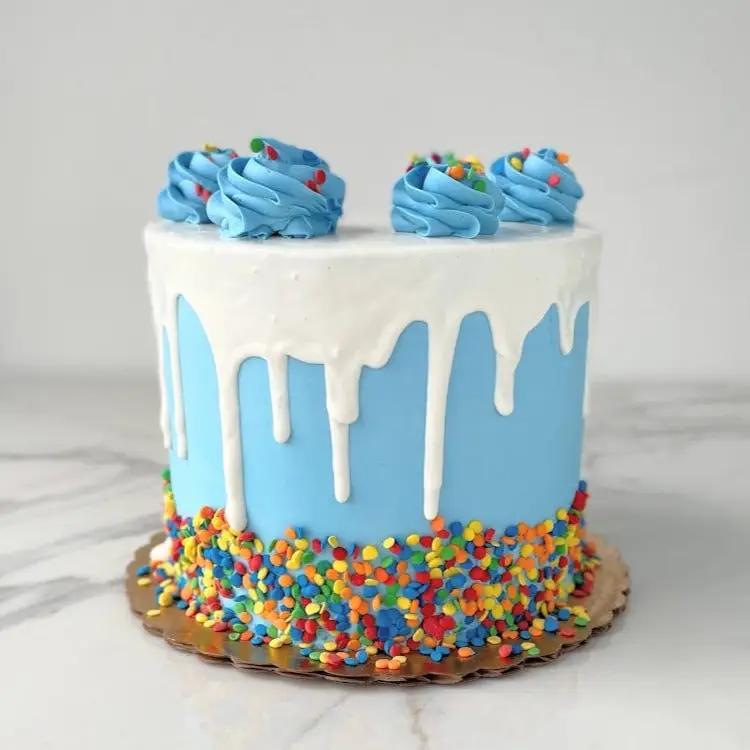 A round, blue cake. The top is covered with a white icing drip and topped with blue piped frosting. The base of the cake is covered in multicolored sprinkles.