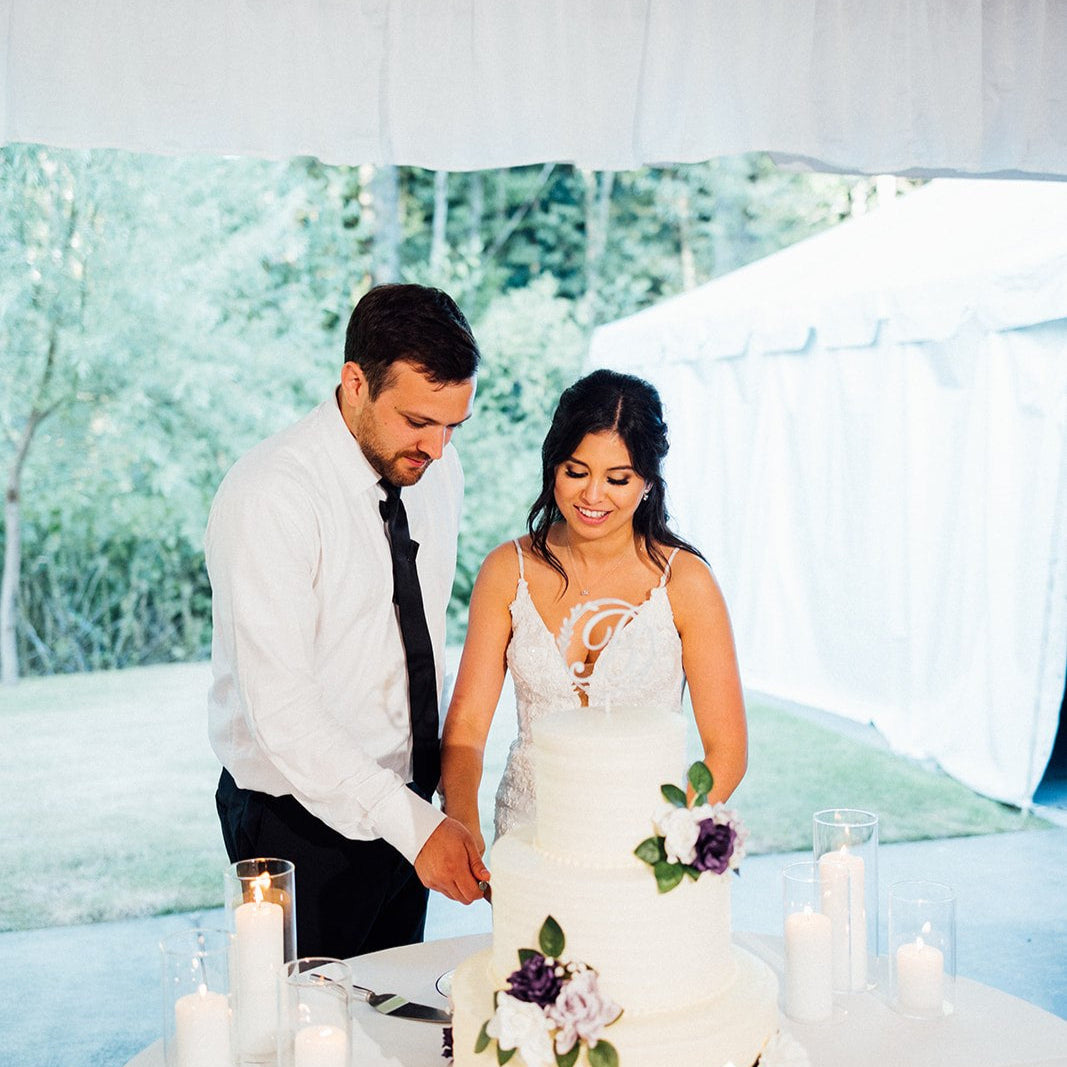 Newlyweds smiling as they prepare to slice a two-tiered wedding cake during a bright, daylight-filled reception