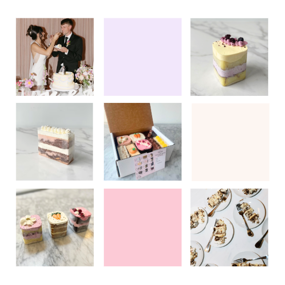 Grid collage featuring a wedding cake moment, heart-shaped and layered mini cakes, dessert sampler box, and various plated treats