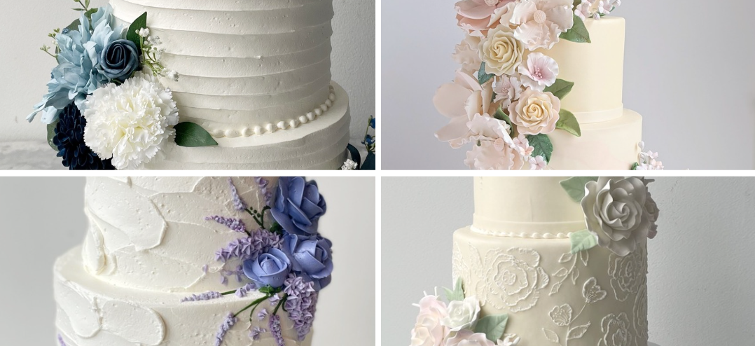 Four white wedding cakes featuring distinct floral and textured designs