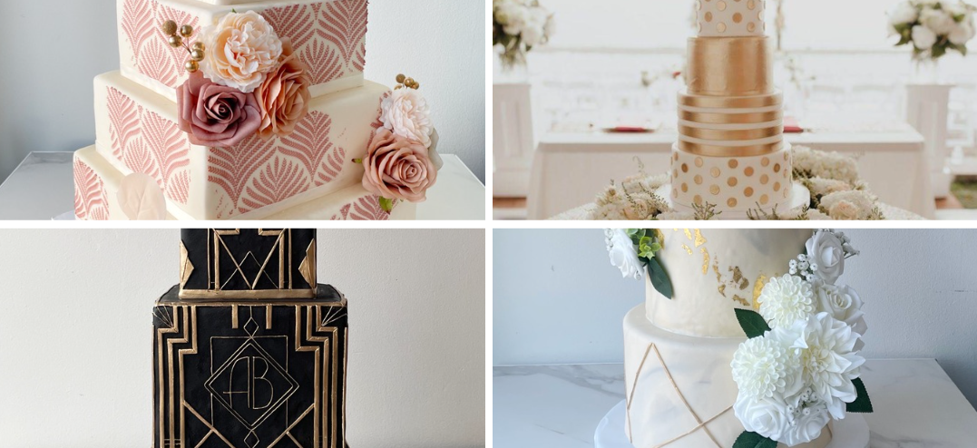Collection of elegant wedding cakes in various styles, including florals and textured finishes