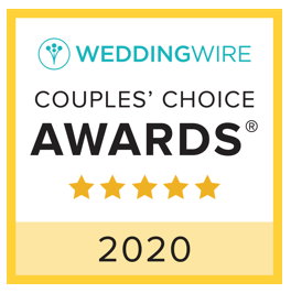 WeddingWire Couples’ Choice Awards badge for the year 2020, including five black stars and a blue and yellow framing