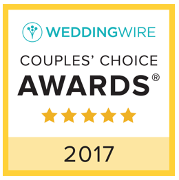 WeddingWire Couples’ Choice Awards badge for the year 2017, featuring five black stars and black lettering on a white background with a yellow border