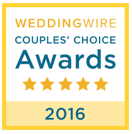 WeddingWire Couples’ Choice Awards badge for the year 2016, featuring a five-star rating on a white and yellow background