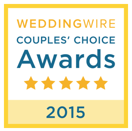 WeddingWire Couples’ Choice Awards badge for the year 2015, with five yellow stars on a light blue and yellow framed background