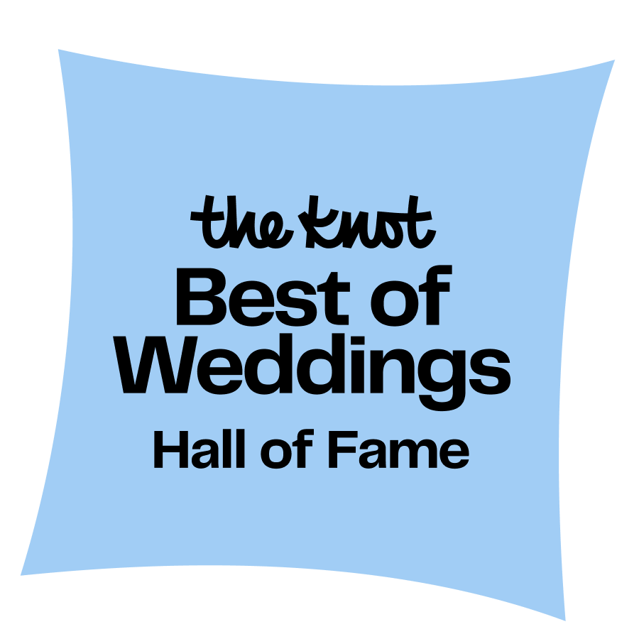 Blue badge graphic reading "the knot Best of Weddings Hall of Fame