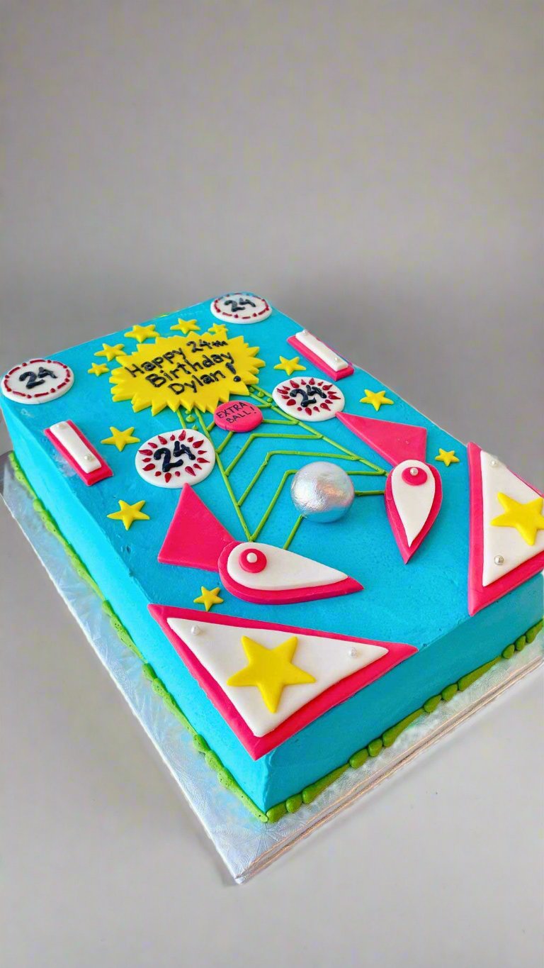 Brightly colored, 90s-themed cake with playful geometric shapes and sprinkles.