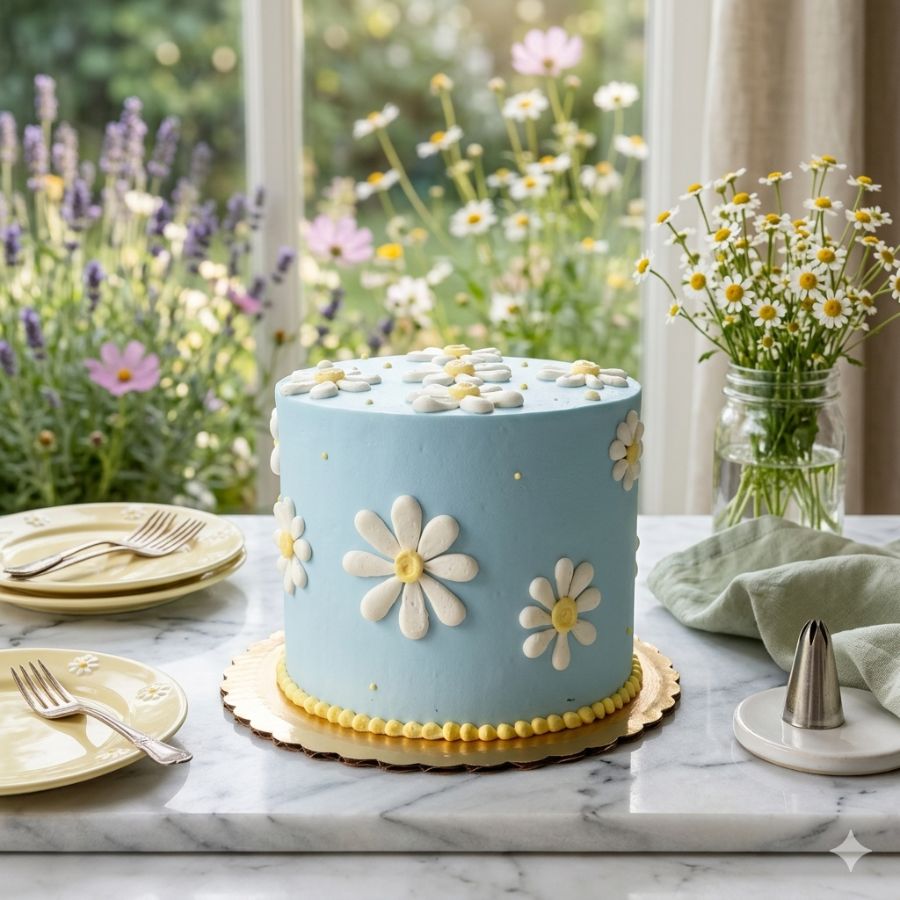 Light blue cake with white flowers on a marble table with a garden view