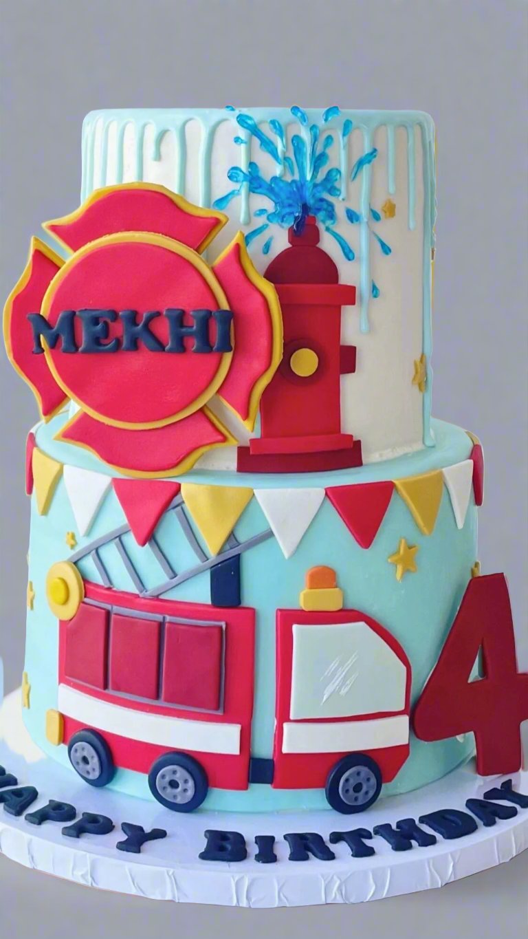Colorful circus-themed train cake with a “4” topper and red carnival sign