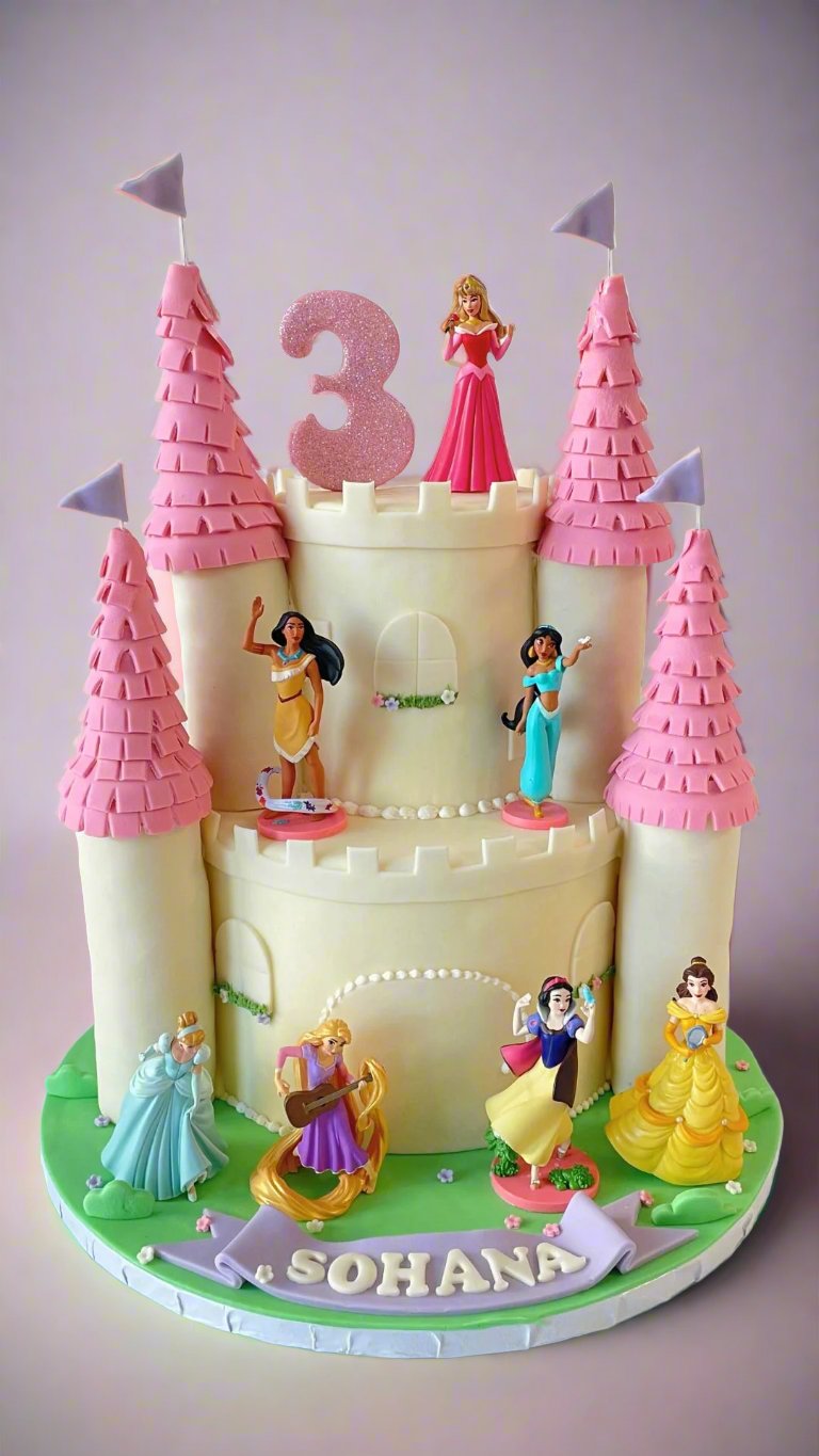 Pink and gold princess castle cake with tall towers and figurines for a 3rd birthday celebration.