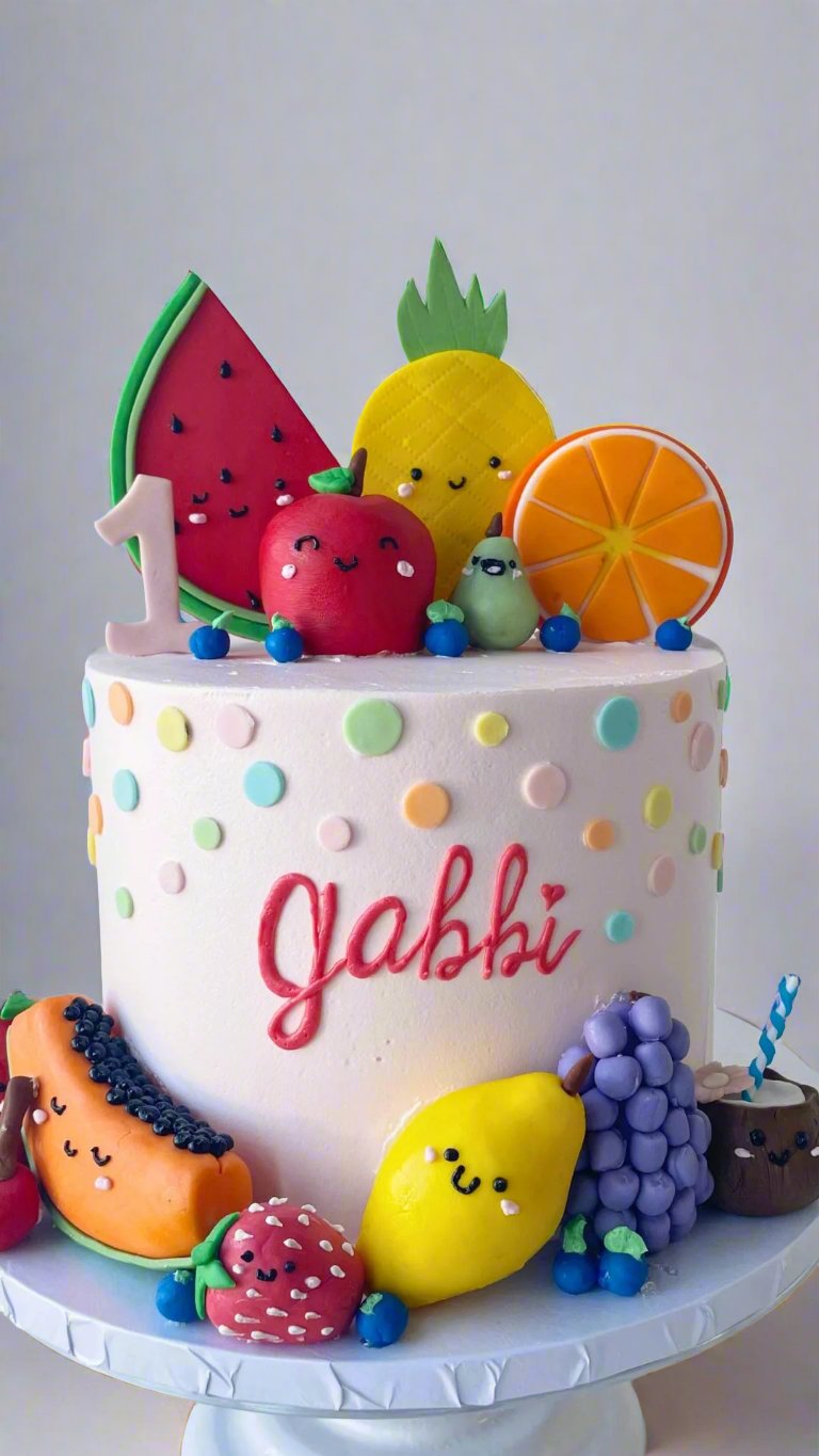 Colorful tropical fruit cake topped with slices of watermelon, orange, and berries
