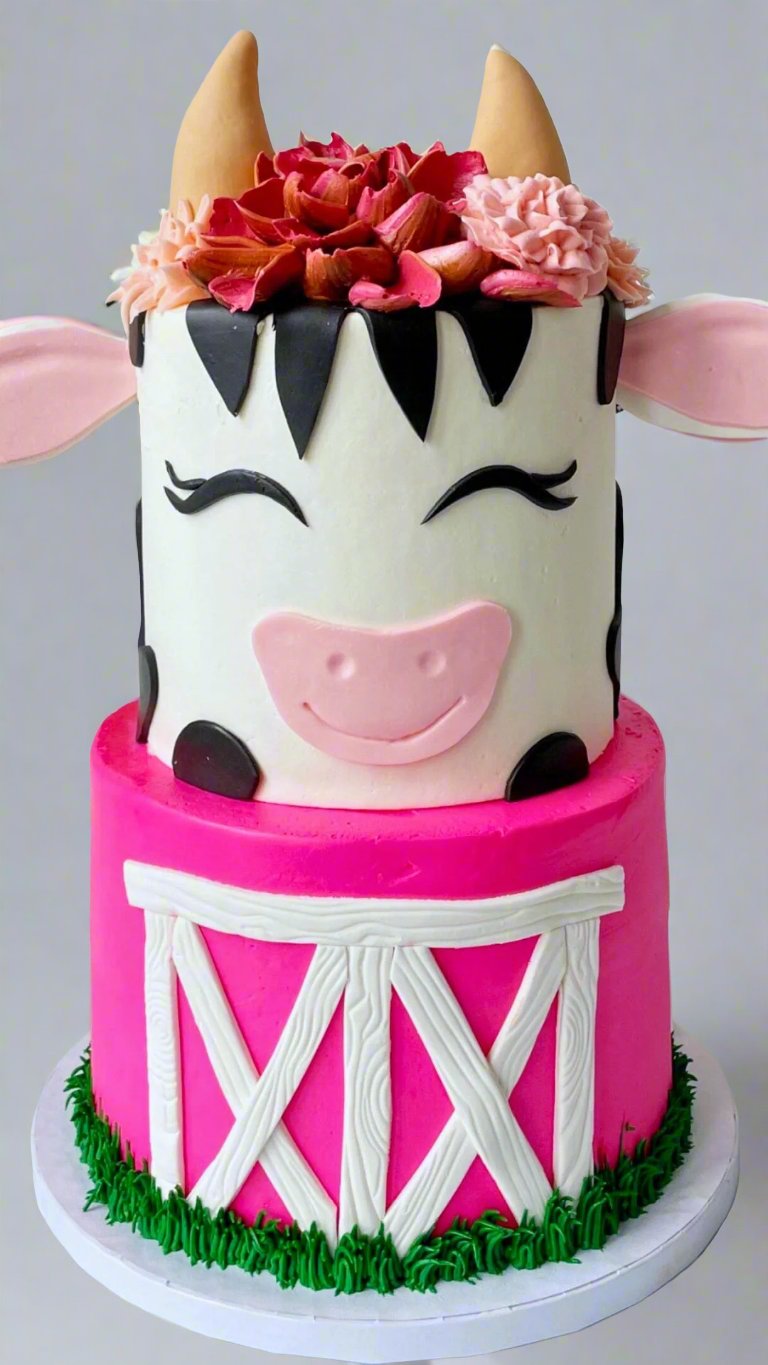 Cow-themed birthday cake with a barnyard design and pink base.