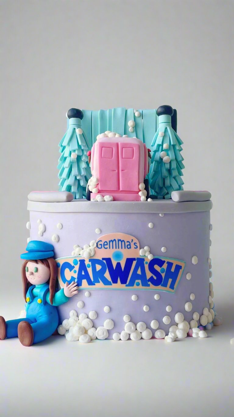 Purple and blue themed birthday cake with a name topper and two teddy bear figurines