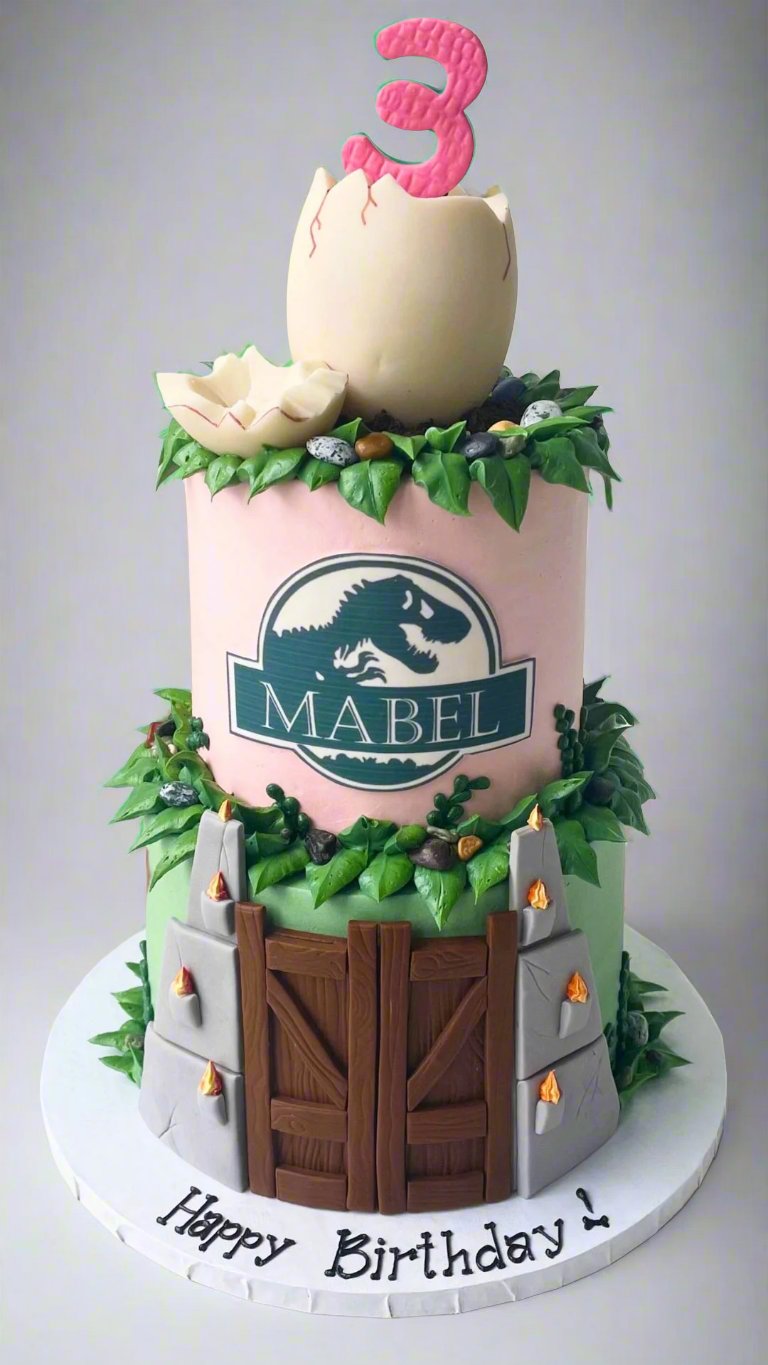 Jungle adventure cake A nature-themed cake with animal figures, greenery, and a birthday topper