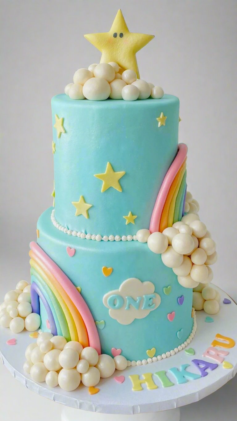 Blue two-tier cake with clouds, stars, and a rainbow cascading down the side