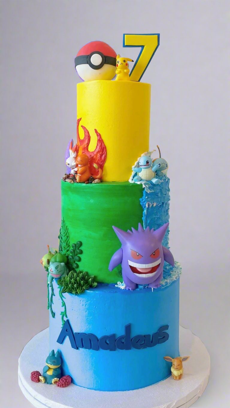Colorful number 7 birthday cake Brightly colored two-tier cake with sea creatures, topped with the number 7