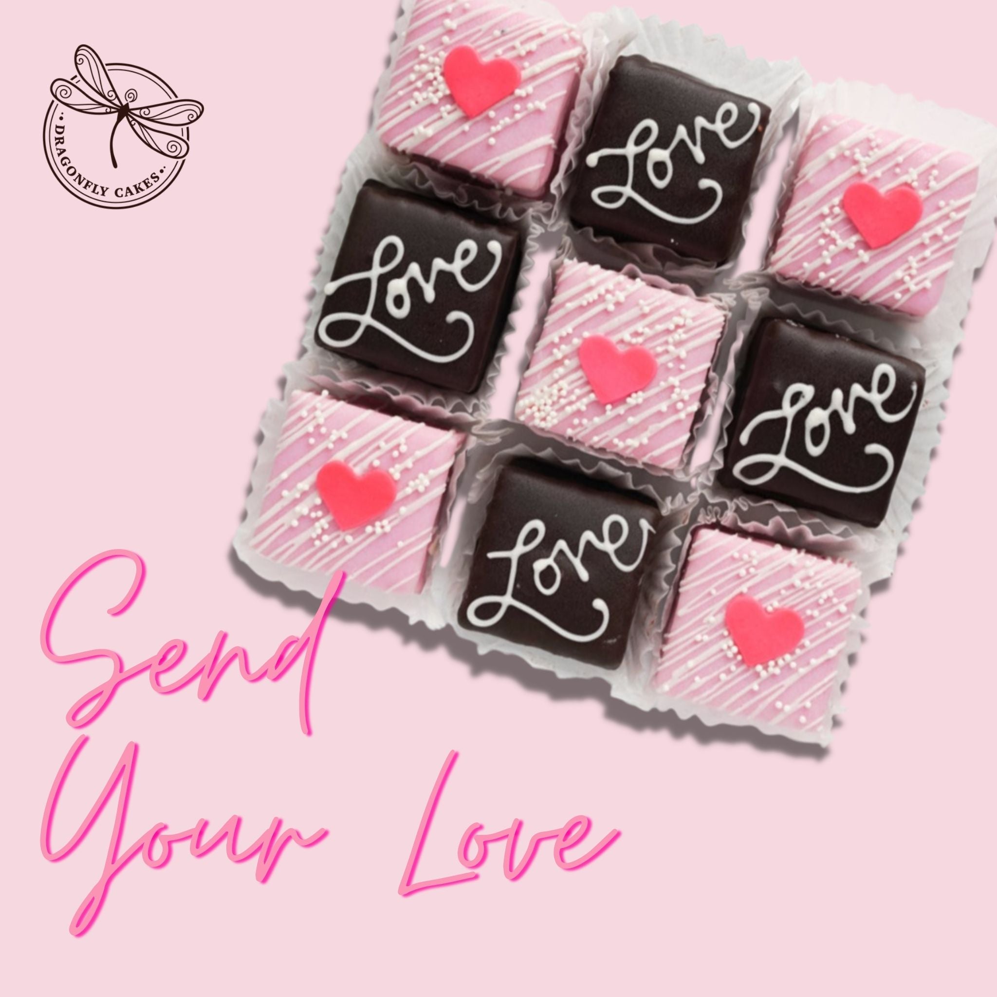 Nine chocolates with five of them have pink hearts on them.