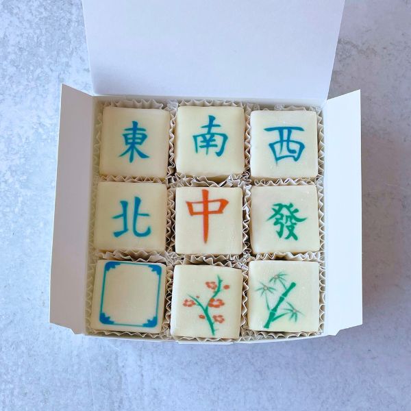 Mahjong themed tea cakes in a box