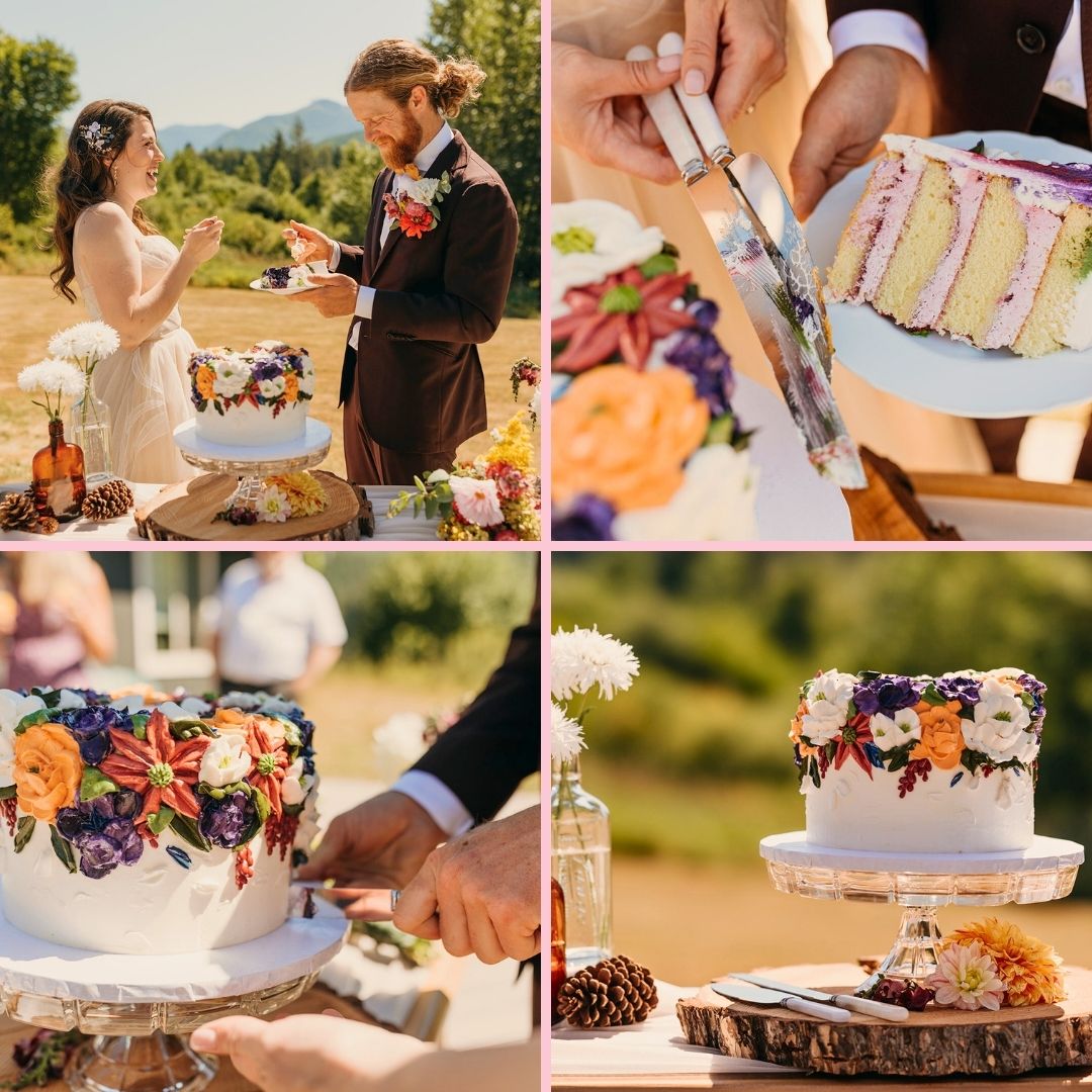 A four-panel collage showing a bride and groom cutting their wedding cake at an outdoor event and smiling.