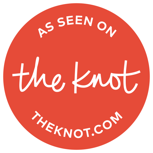 “As Seen On The Knot” badge in red, indicating a wedding vendor’s featured listing on The Knot's platform