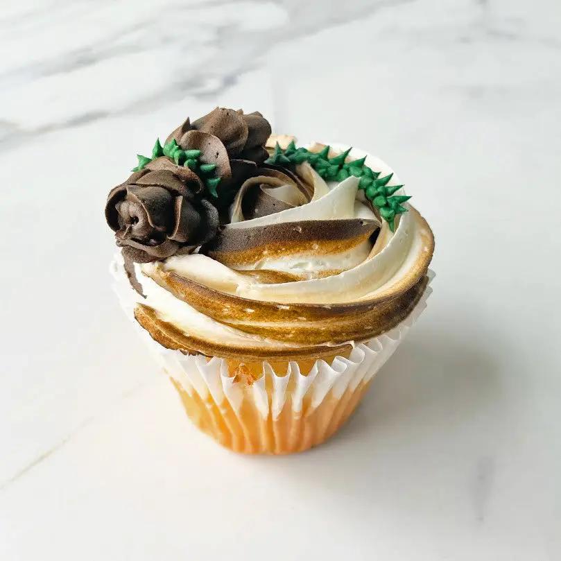 A beautifully decorated cupcake with white frosting, brown and green accents, resembling a pine cone and leaves.