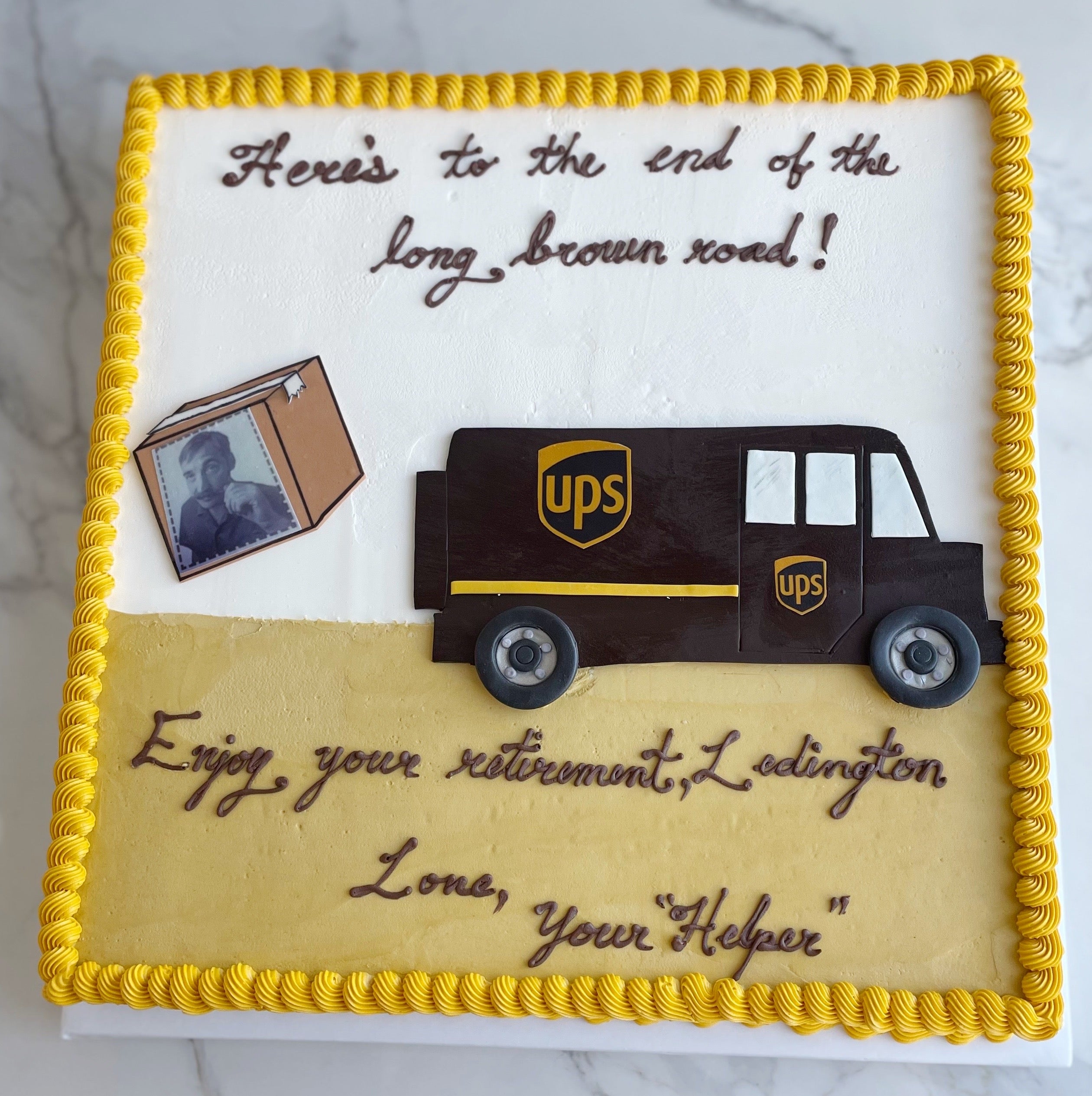 Retirement cake with a UPS truck and personalized text