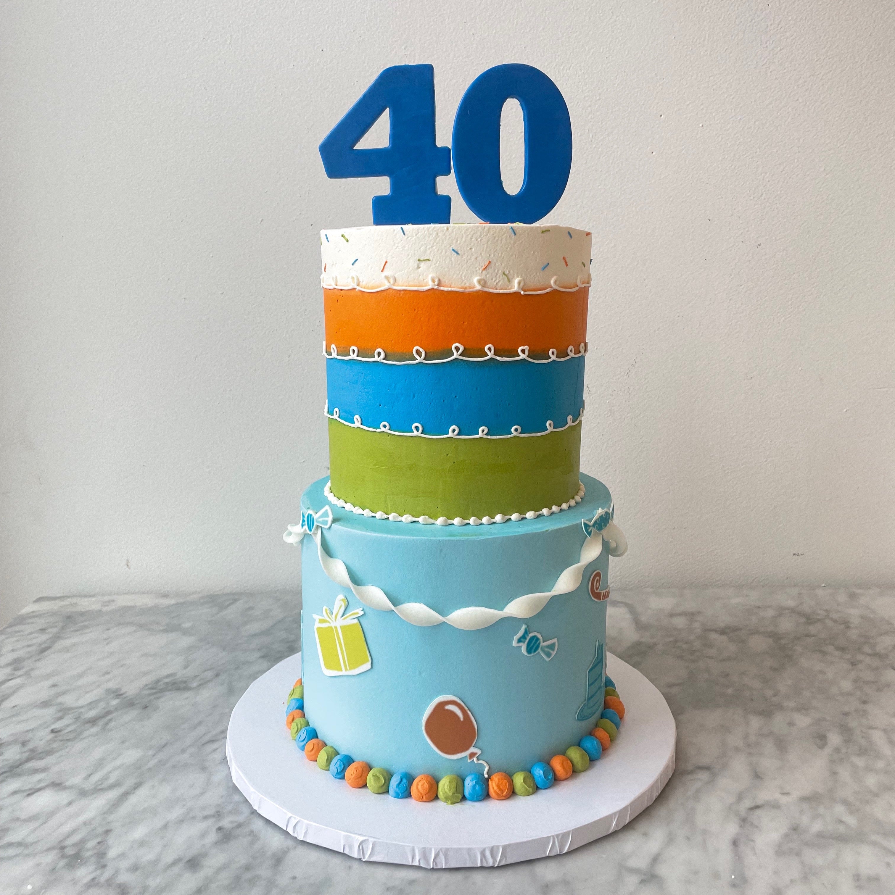 Colorful birthday cake with number 40 on a white background