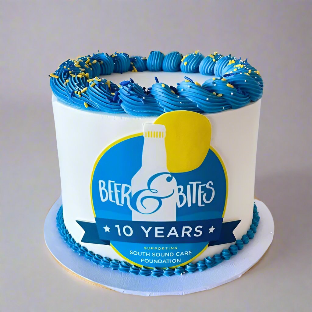 Custom Beer and Bites 10 Year Celebration Cake | Celebrity Cake Studio