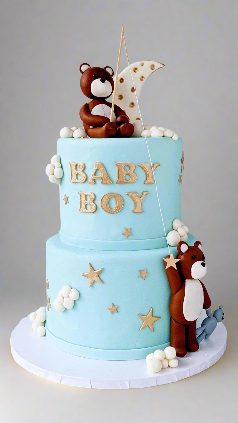 Custom Blue New Born Baby Boy Cake with fondant bears, stars, clouds | Celebrity Cake Studio