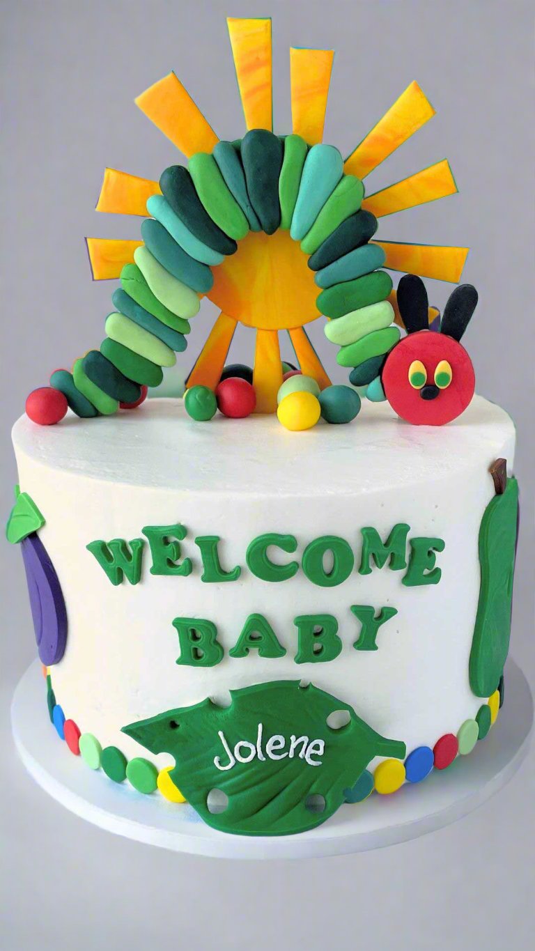 Custom New Born Baby Cake with fondant caterpillar  and sun | Celebrity Cake Studio