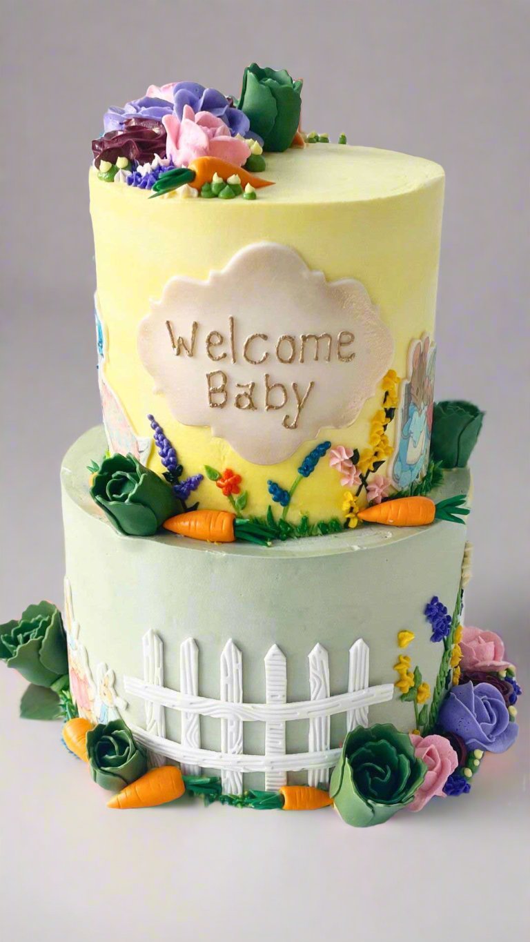 Custom New Born Baby Cottage Core Cake with fondant flowers and farm vegetables | Celebrity Cake Studio
