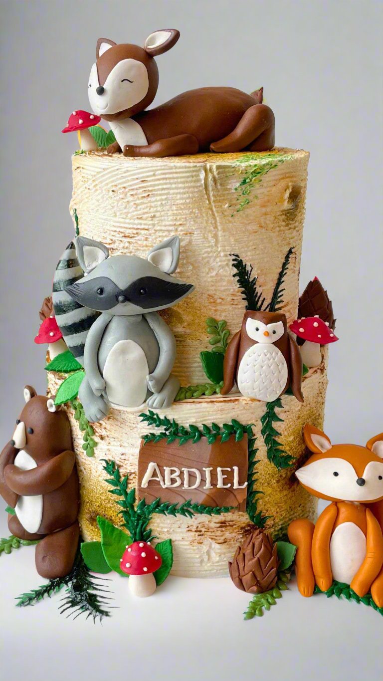 Custom New Born Baby Forest Friends Cake with fondant forest animals | Celebrity Cake Studio