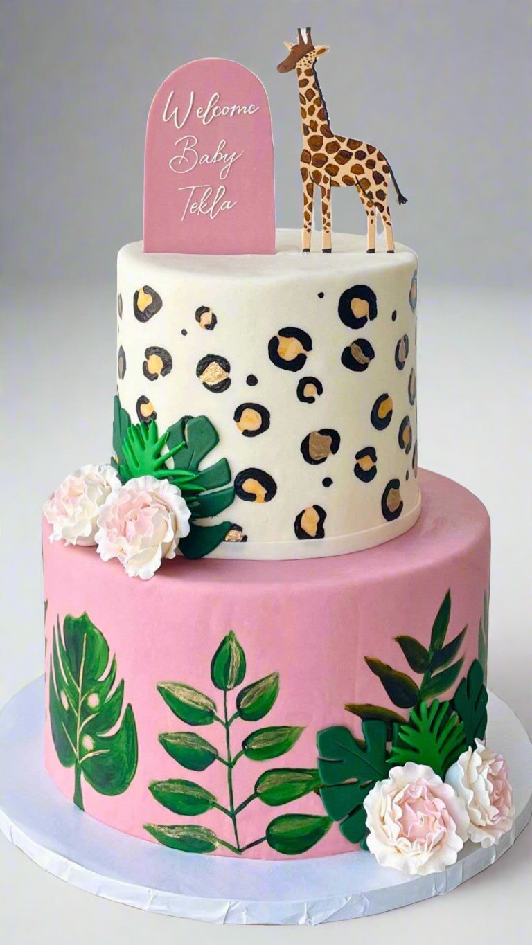 Custom Pink New Born Baby Cake with fondant flowers and leaves, hand-painted leaves | Celebrity Cake Studio