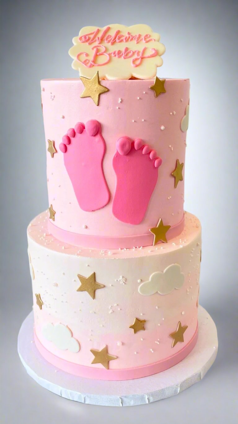 Custom Pink Stars and Little Toes New Born Baby Cake | Celebrity Cake Studio