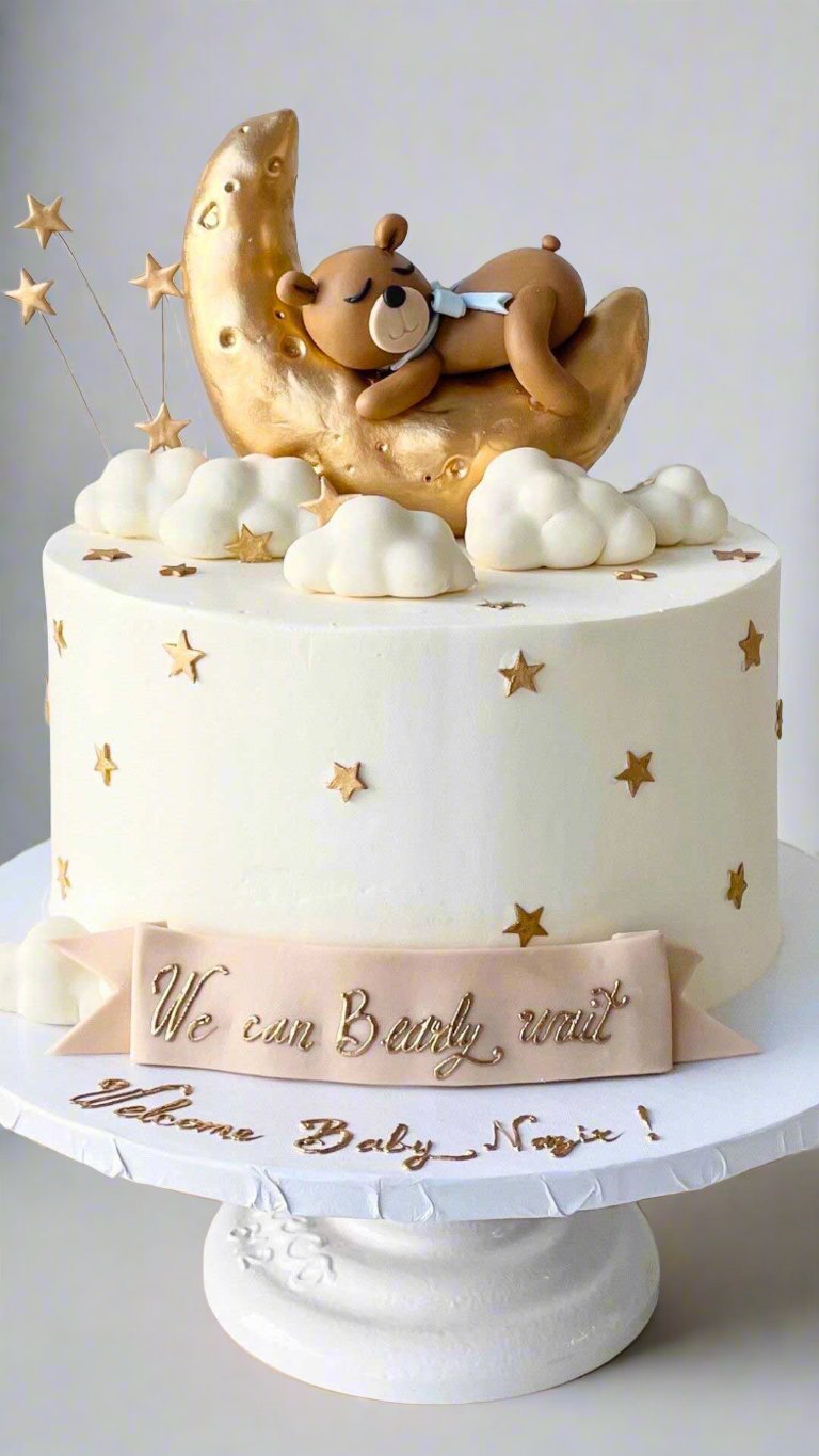 Custom Sleeping Bear Moon Stars Baby Shower Cake | Celebrity Cake Studio