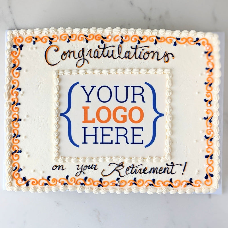 A sheet cake with white icing and decorative elements, featuring text that reads 'Congratulations [YOUR LOGO HERE] on your Retirement!'.