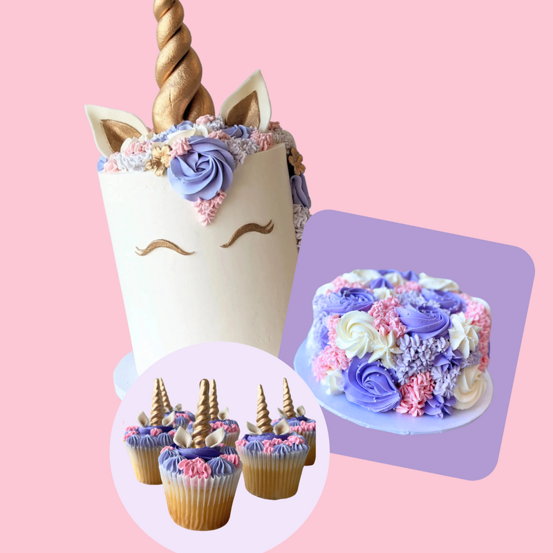 A collection of unicorn-themed baked goods including a smash cake, cupcakes with unicorn horns, and a tall cake with unicorn decorations.