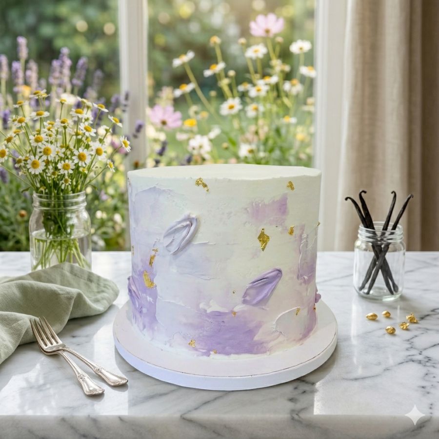 Decorative cake with purple and gold accents on a marble surface with flowers and vanilla beans in the background.