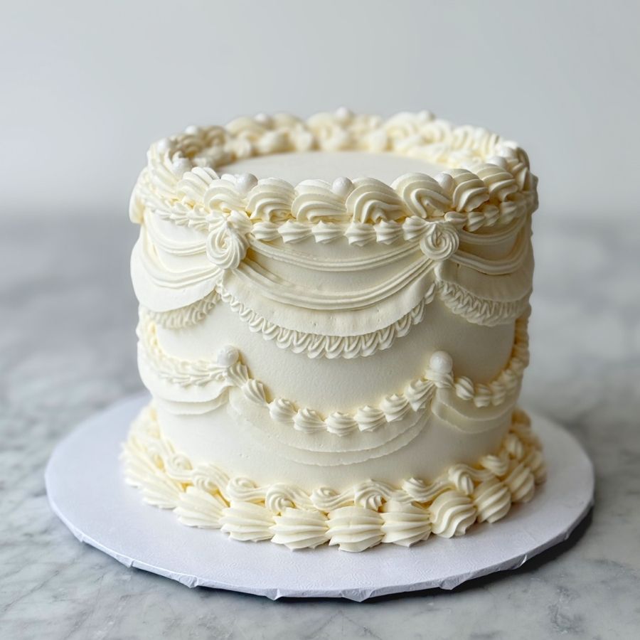 A full-length shot of a tall, ornate "princess" cake with vintage-inspired white buttercream frosting. The cake is decorated with symmetrical piped swags and ruffles from top to bottom, sitting on a white cake board over a grey marble countertop against a clean white background.