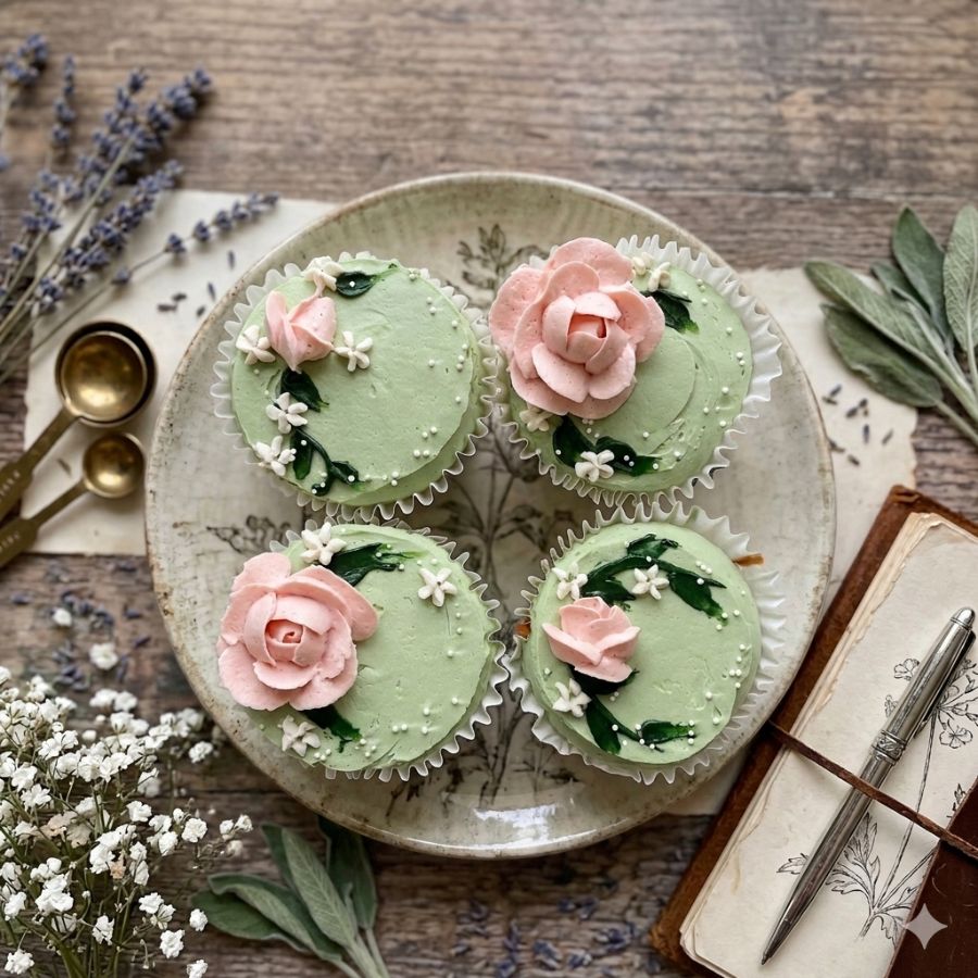Green cupcakes with pink flowers on a rustic wooden table with lavender and white flowers.